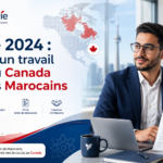 Visuel professionnel Renouvie sur la recherche d’emploi au Canada pour les Marocains, avec un candidat en environnement de bureau et des éléments graphiques liés au Canada et au Maroc.