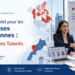 Visuel institutionnel Renouvie dédié au recrutement de talents marocains par des entreprises canadiennes, avec une scène de réunion professionnelle et des repères graphiques Canada-Maroc.