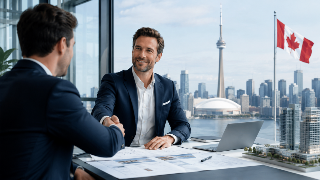 Deux professionnels en réunion d’affaires au Canada, illustrant un projet d’investissement ou d’entrepreneuriat.