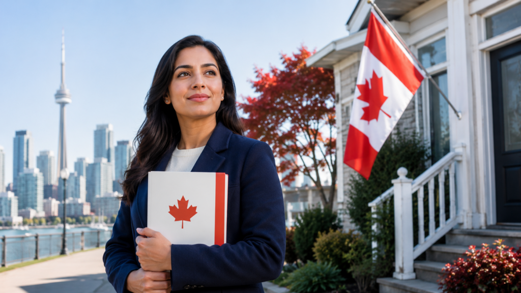 Femme tenant un dossier devant une maison et un drapeau canadien, représentant l’installation durable au Canada.